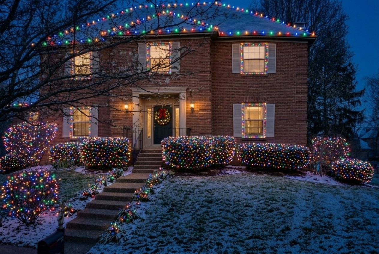 The same colonial at night with multicolor lights on the roofline and every bush glowing