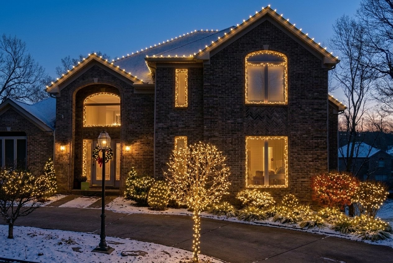 Brick estate at night with warm white lights on both gables, the wrapped tree, and every bush