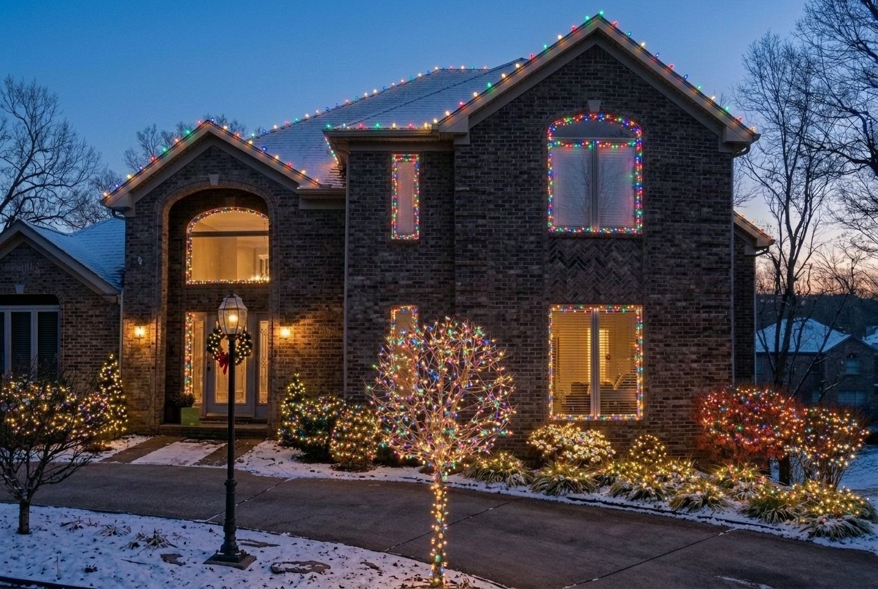 A large brick estate at night covered in vivid multicolor holiday lights, rendered by PressureWashingOS from one street photo