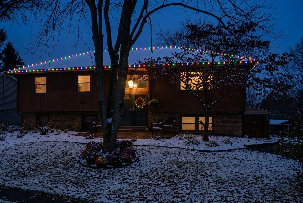 Snow-covered home at night with multicolor C9 bulbs along the roofline