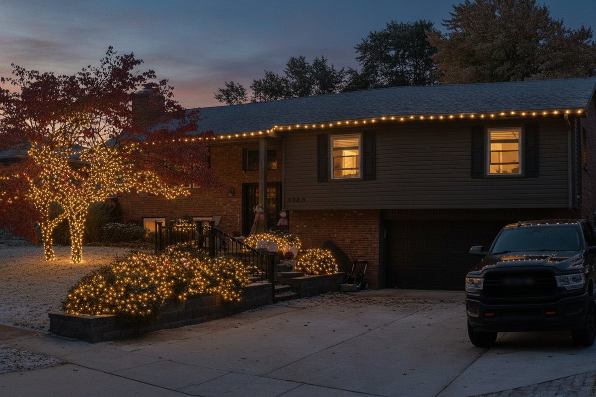 Split-level home at night with a fully wrapped front tree and cascading lit bushes