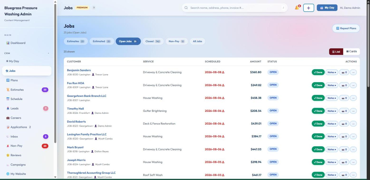 The Jobs list in PressureWashingOS: open pressure washing jobs as sortable rows with customer, service, date, amount, status, and one-click actions