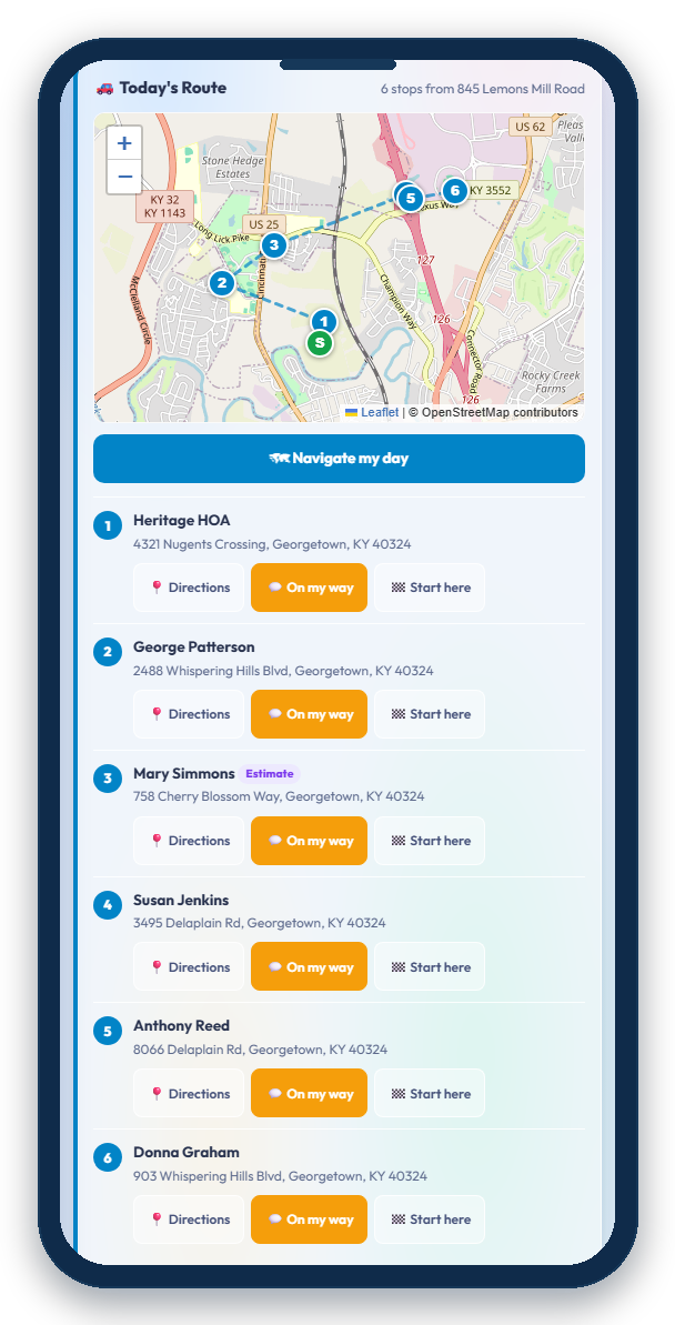 Today's Route on a phone: six Georgetown stops on a map in driving order, with Navigate my day, Directions, On my way and Start here buttons under each stop